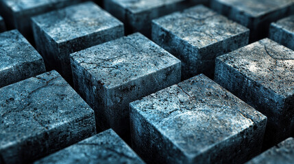 Poster - Realistic 4K 3D graphic background shows side angle of square elements with detailed stone texture creating depth in a captivating abstract illustration.