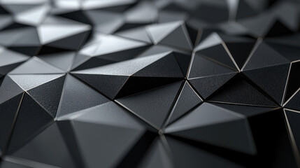 Poster - A realistic 4K 3D geometric background with textured black triangles and polygons creates a stunning side angle, ideal for modern designs and presentations.