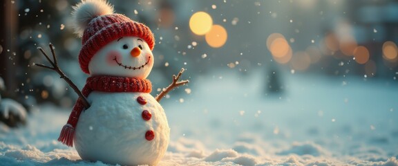 Aufkleber - Cheerful Snowman in a Winter Wonderland: Festive Holiday Card Design with Snowfall and Bokeh Lights
