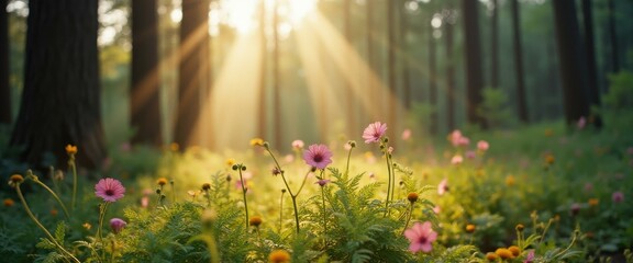 Poster - Sunlit Forest Glade with Blooming Flowers and Radiant Sunbeams in a Serene Woodland Setting