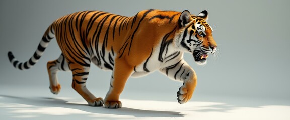 Poster - Majestic tiger strides with muscular elegance, showcasing orange and black stripes against a bright background.