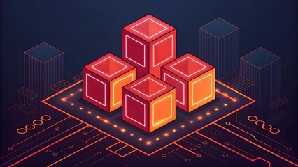 Aufkleber - Isometric illustration of four red and orange cubes on a circuit board with city skyline behind