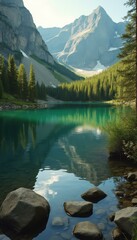 Poster - Azure Alpine Lake Surrounded by Towering Peaks, Bounded by a Dense Forest and Rocky Shoreline