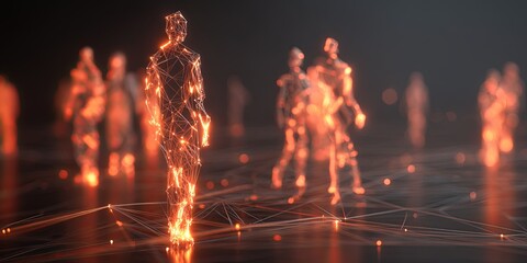 Aufkleber - Abstract representation of virtual human connections with glowing figures and network lines emphasizing digital communication and networking concept