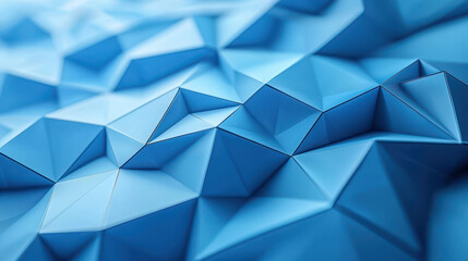 Poster - A realistic 4K 3D geometric background showcasing a side view of innovative blue polygonal structures creating a modern and visually engaging backdrop.