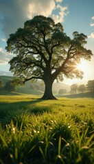 Poster - Cinematic Oak Tree at Sunrise with Dew-Kissed Meadow - A Majestic Landscape Illustration