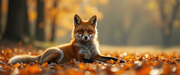 Poster - red fox lying in autumn leaves, cinematic wildlife portrait