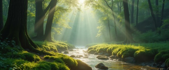 Aufkleber - Forest Stream Bathed in Sunlight: A Tranquil Scene of Nature's Beauty with Mossy Rocks and Lush Greenery