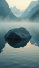 Poster - Serene Landscape with Misty Mountain Lake and a Floating Rock, Peaceful Nature Scene, Cinematic Visuals