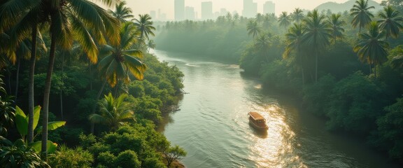 Poster - Tranquil tropical river scene with small boat, lush palm trees, and distant cityscape under a hazy sky.