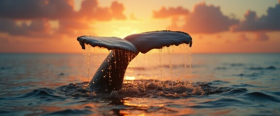 Poster - Whale tail emerging from the ocean at sunset, displaying droplets of water, creating a golden serene seascape scene.