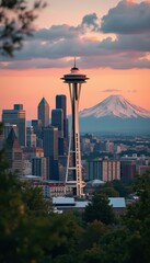 Poster - Modern urban landscape at sunset featuring a tall observation tower, cityscape buildings, and a distant mountain peak