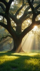 Fototapete - Sunlit Majesty: A Sprawling Oak Tree in a Forest Clearing Bathed in Golden Sunlight