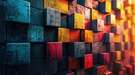 Poster - Side angle view of a realistic 4K 3D background featu geometric artistry and an abstract colorful cube pattern creating a textured and modern design element.
