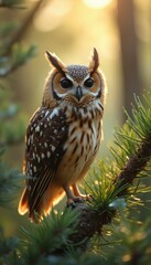 Aufkleber - Owl perched on a pine branch amidst warm, glowing sunlight in a forest setting, showcasing its detailed plumage.