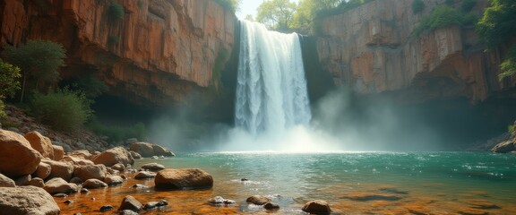 Poster - Waterfall plunges into a turquoise pool, framed by red rock cliffs, serene and misty