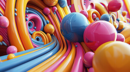 Poster - An abstract 3D geometric side view in realistic 4K shows vibrant colorful spheres and swirling lines creating an eye-catching modern background abstraction.