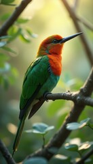 Aufkleber - Colorful Bee-eater Perched on Branch in Lush, Sunlit Forest Setting