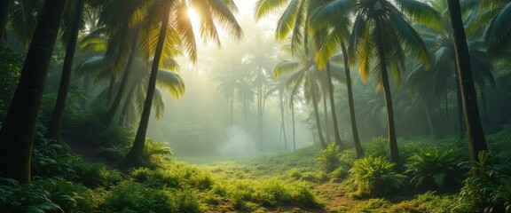 Poster - Verdant pathway through a misty tropical rainforest with towering palm trees and dappled sunlight filtering through the dense canopy