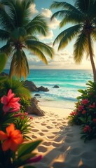 Poster - Idyllic tropical beach escape with palm trees, turquoise water, and vibrant flowers creating a serene paradise