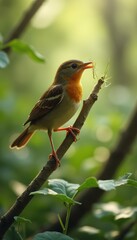 Aufkleber - Tiny Bird Perched on Branch with Nesting Material in Beak - Close-Up View in Natural Habitat
