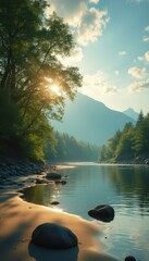 Aufkleber - Tranquil River Scene at Sunset: Sunlight Through Trees and Reflections on the Water Surface