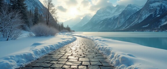 Poster - Tranquil winter landscape featuring a stone path leading to a calm lake surrounded by snow-covered mountains and evergreen forests