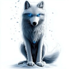 Poster - Majestic Arctic Wolf with Piercing Blue Eyes Sitting Calmly on a Snowy White Landscape