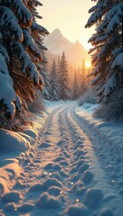 Poster - Snowy Path Through Winter Forest at Sunset with Snow Covered Trees