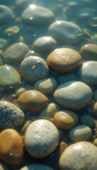 Poster - Serene pebbles under shimmering water create a peaceful and meditative scene with abstract light refraction and smooth, natural textures.