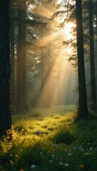 Poster - Enchanting Forest Glade with Golden Sunlight Filtering Through Tall Trees