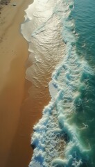 Poster - Aerial view of a sandy shoreline meeting ocean waves, creating a foamy sea effect