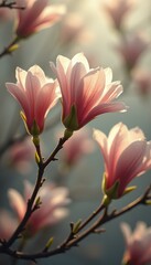 Leinwandbilder - Blossoming Magnolia Flowers: A Soft, Illuminated Portrait of Springtime Beauty and Floral Delight