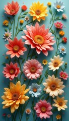 Aufkleber - A vibrant tapestry of blossoms fills the scene, showcasing a symphony of color and delicate floral forms against an azure backdrop.