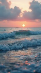 Poster - Serene Ocean Waves at Sunset: A Tranquil Beach Scene with Warm Light and Gentle Motion