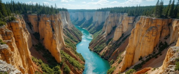 Poster - Grand canyon river valley with orange cliffs and green trees aerial panorama on a sunny day