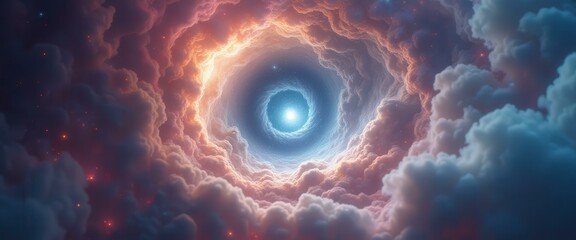Aufkleber - Ethereal Cloud Tunnel: A Cinematic Vision of Cosmic Light and Swirling Nebulous Formations in Vivid Color