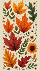 Aufkleber - Fall Foliage and Floral Arrangement in a Whimsical Style, Featuring Autumn Leaves, Sunflowers, and Delicate Flowers