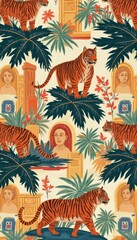 Poster - Whimsical textile design featuring tigers, botanical elements, and vintage-style portraits for diverse creative applications