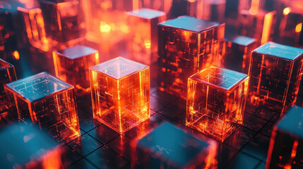Poster - energetic 3d background featu realistic glowing cubes with side angles, rendered in 4k for a dynamic