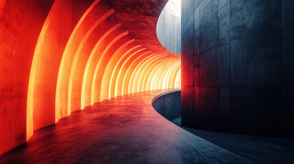 Poster - contemporary 3d rendered background of a concrete tunnel with a bright orange illuminated curve on t