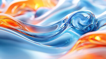 Poster - side angle view reveals a realistic 4k 3d conceptual background design with fluid blue and orange wa
