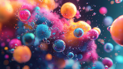 Poster - Vibrant 3D background featu a burst of colorful bubbles and themes with realistic textures, presented in 4K resolution from a side angle perspective.