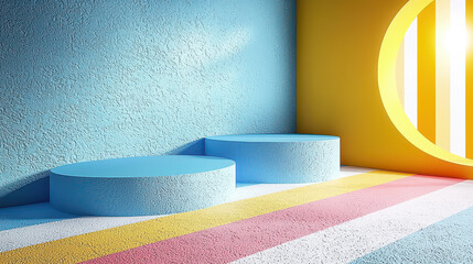 Poster - a vibrant 4k 3d background showcases colorful realistic compositions with two blue platforms against