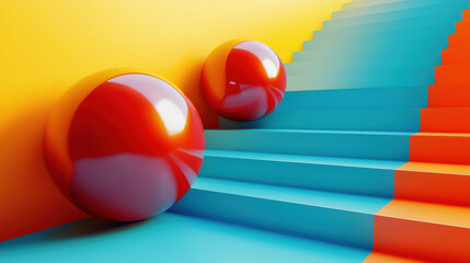 Poster - bold 3d rende featu red spheres rolling down vibrant blue and orange steps against a vivid yellow wa