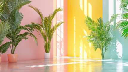 Poster - a realistic 4k 3d background featu vibrant, bold graphics and side angle view, showcasing lush palm 