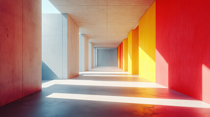 Poster - a 4k side angle shows a realistic 3d rende of a bold architectural interior with vibrant red and yel
