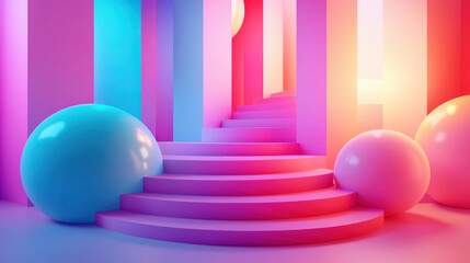 Poster - a vibrant 4k 3d background featu artistic exploration of colorful stairs and spheres, viewed from th