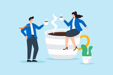 Poster - Flat illustration of two business people enjoying coffee break with giant cup symbolizing workplace bonding casual talk and conversation relaxation