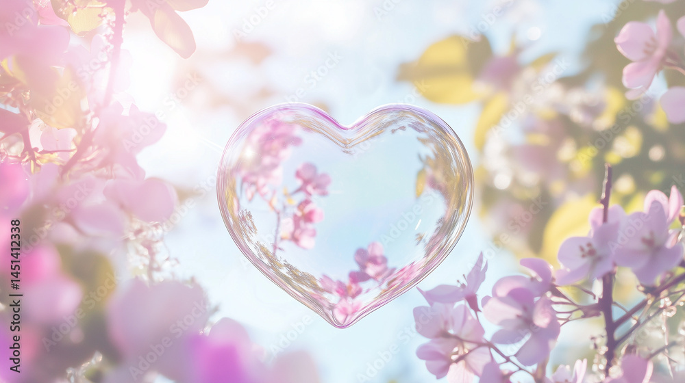 Heart shaped bubbles of spring day, soap bubbles, cherry blossom ...